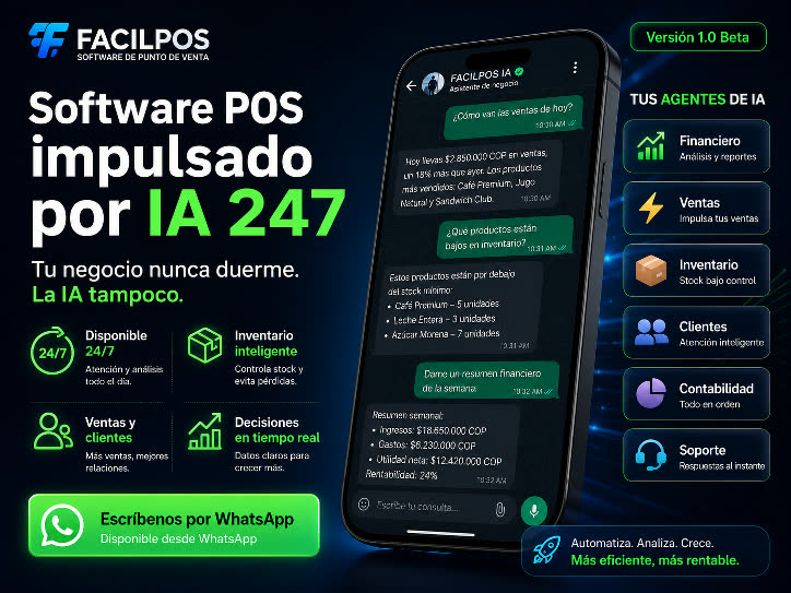 Software POS con IA de FacilPOS: asistente con 10 agentes por WhatsApp para tu negocio